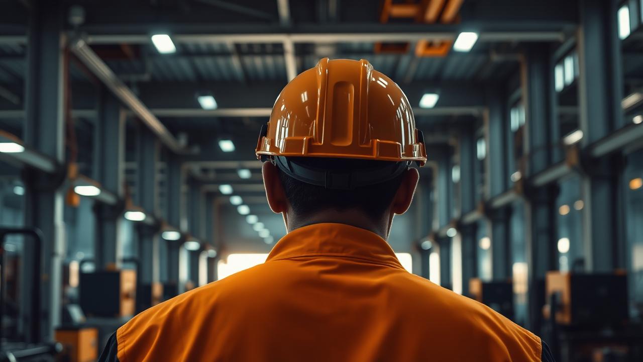 Trabajador industrial con casco de seguridad en una planta, ámbito de aplicación de PRELAB.