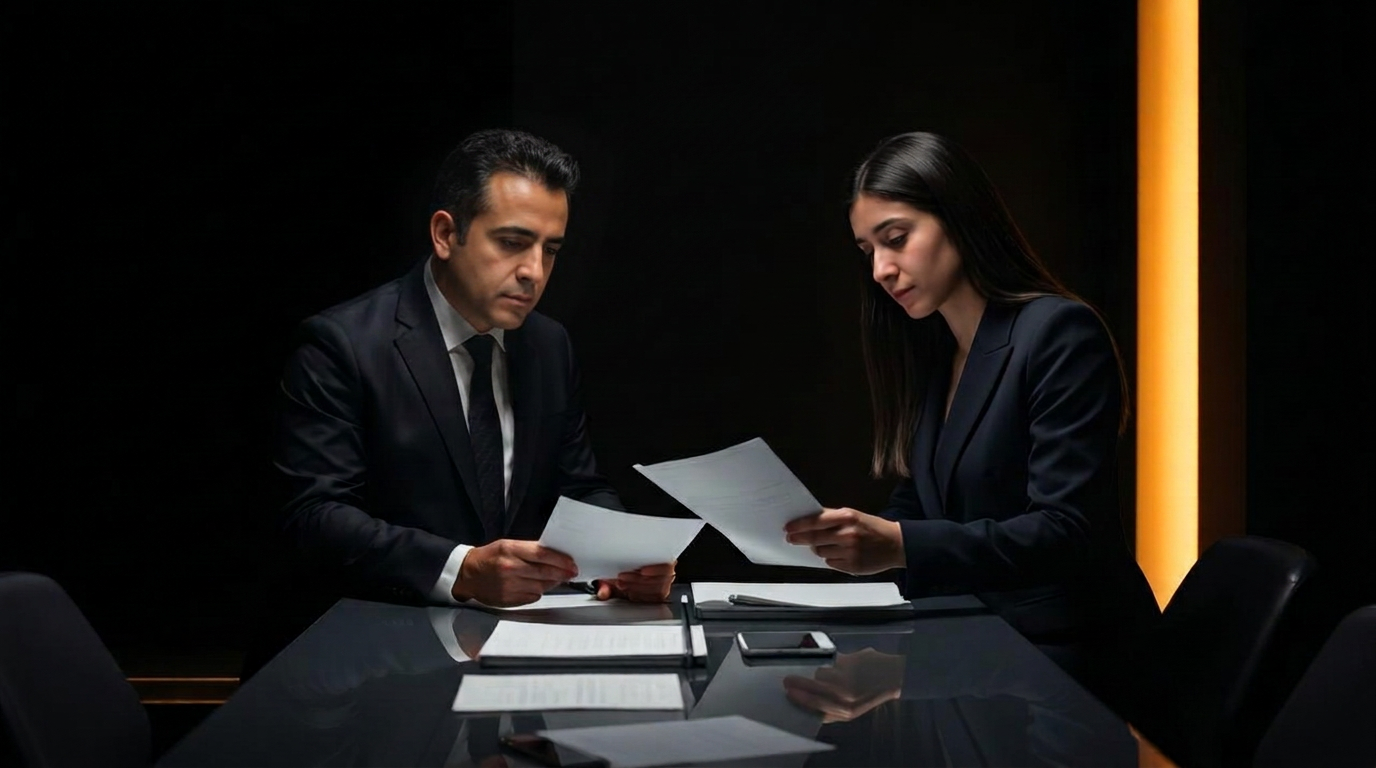 Dos abogados corporativos revisan documentación jurídica en una mesa de trabajo.